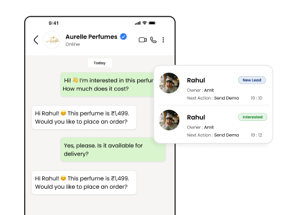 Deal pipeline with stages moving from a WhatsApp conversation