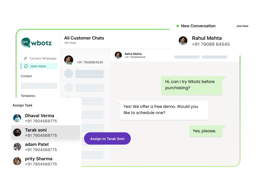 A shared team inbox with a conversation list, an open thread carrying an internal note, and an agent assignment panel