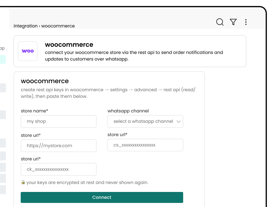 WooCommerce integration inside the Wbotz dashboard