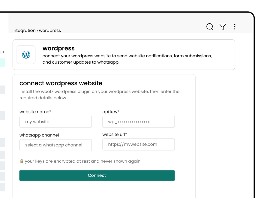 WordPress integration inside the Wbotz dashboard