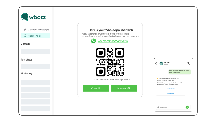 Wbotz screen: chat widget, links and QR code generator