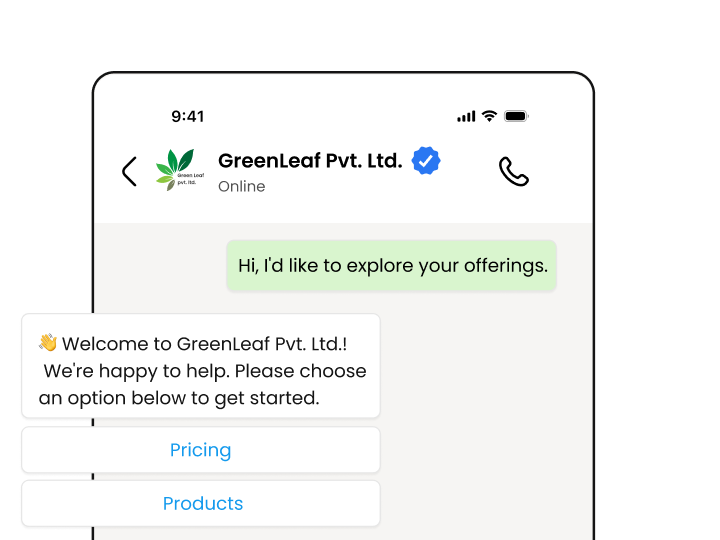 Verified business profile shown in a WhatsApp conversation