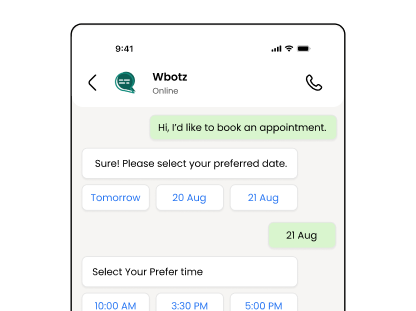 WhatsApp flow form with dropdowns and a date picker