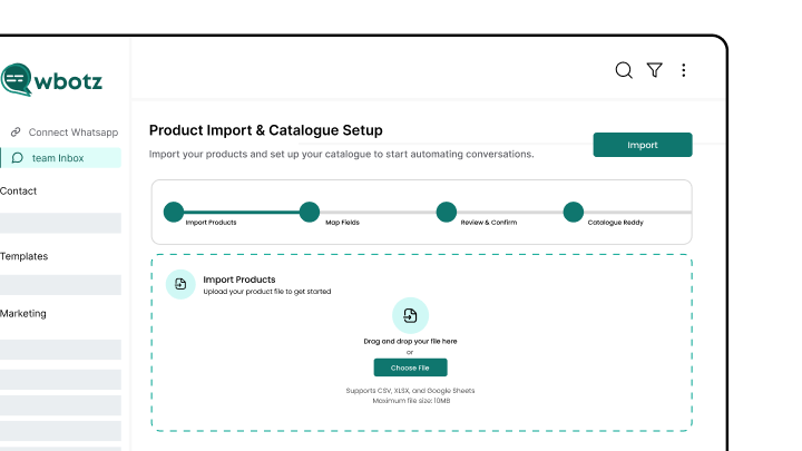 Wbotz screen: product import and catalogue setup
