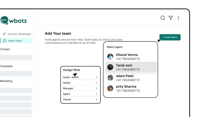 Wbotz screen: inviting agents and setting roles